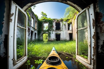 kayaking through an abandoned new orleans swamp city  - obrazy, fototapety, plakaty