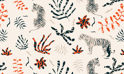 seamless pattern with tiger and leaves. Vector background pattern