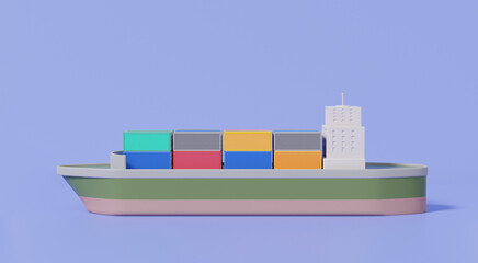 Sealoading container ship delivery transport logistics service concept. Cargo ship import export Integrated warehousing and transportation service, maritime shipping, banner. 3d render illustration