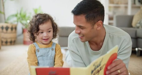 Girl, father and reading book for learning in home, bonding or having fun in homeschool. Dad, storytelling and happy child study for education, teaching or knowledge for development together on floor