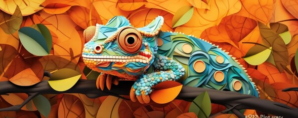 Panorama of chameleon hiding in orange leaves in rain forest. Generative Ai.