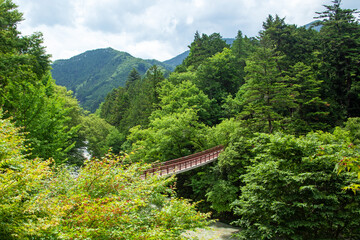 秋川渓谷　石舟橋｜緑の中に浮かぶように渡された美しい橋の景観です
