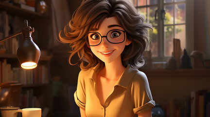 Cute smiling brunette girl in glasses. Good morning concept. 3d illustration, generative AI tools 