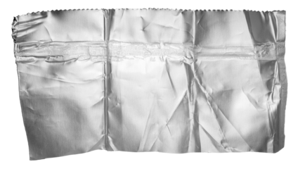 One single piece of cut out torn crumpled bright shiny metallic aluminium foil, isolated png on white or transparent background