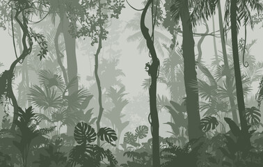 Seamless horizontal background, vector. Jungle, tropical forest with a variety of plants, trees and vines. Green tones	