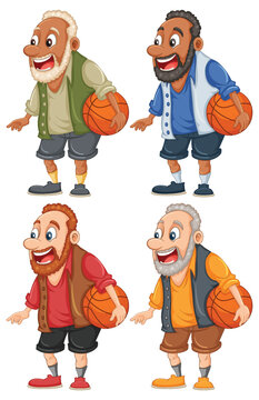 Set of old man holding basketball
