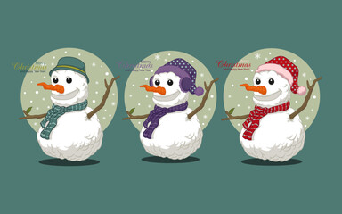 vector sticker template with snowman cartoon character set