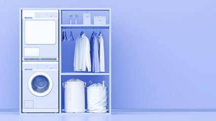 Washing machine and clothes on a hanger, storage shelf in monochrome purple background. Minimalist laundry room equipment concept. Trendy 3D rendering for social media banners, studios, presentations	