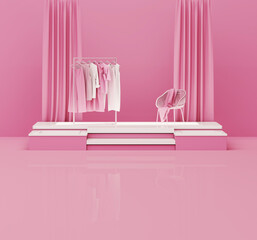 Clothes hanging on a rack and armchair on pink stage background. Creative composition. Light background with copy space. 3D render for web page, presentation, studio, store fashion	
