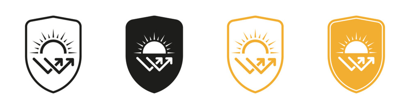 Sun Light Protection Line and Silhouette Icon Set. Shield for Block Ultraviolet Rays Label. Reflect Danger UV Radiation Pictogram. Sunscreen, SPF Symbol Collection. Isolated Vector Illustration