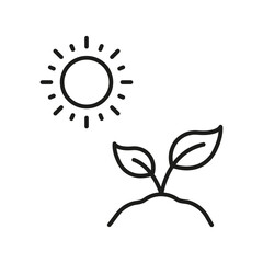 Sun and Plant, Tree Growth Line Icon. Organic Leaf, Environmental Agriculture Linear Pictogram. Eco Friendly Plant Outline Symbol. Gardening Sign. Editable Stroke. Isolated Vector Illustration