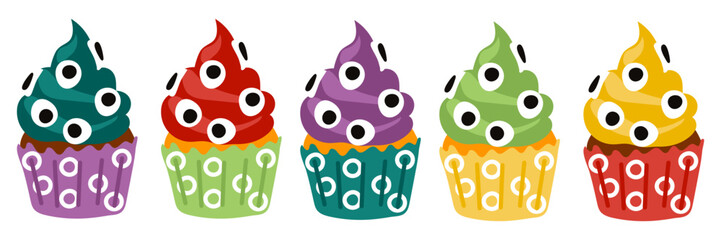 A set of colorful eyed cupcakes for Halloween on a white background. Happy Halloween, scary sweets. Cartoon collection of colored cream monsters with eyes. Vector illustration