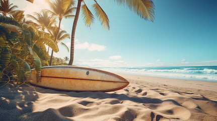Fototapeta premium Surfboard on a tropical sunny beach, palm trees, view on ocean, generative ai