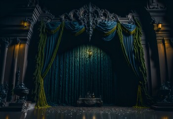Photo of a stage with a curtain and a chandelier