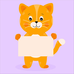 Cute cartoon red cat holding a sign. Animal character.  Vector illustration