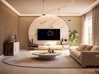 A modern living room in a warm tone with a TV, a sofa, an expansive window, and natural light. Generative AI