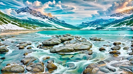 Fototapeta na wymiar Photo of a serene mountain lake surrounded by rocky terrain