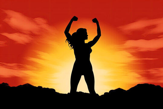 strong successful empowered woman silhouette raising arms into sunrise sky