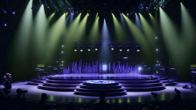 Photo of a stage with vibrant lights illuminating the performance area