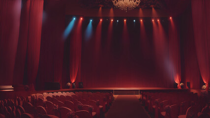 Photo of a stage with red curtains and a chandelier