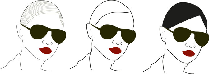 Woman with sunglasses close up line art vector illusration. Woman wearing sunglasses. Girl face with red lipstick and glasses