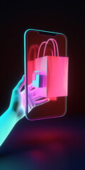 Generative AI, hand holding smartphone, online shopping, sale, shopping bags, neon, black friday, 3d model, online store