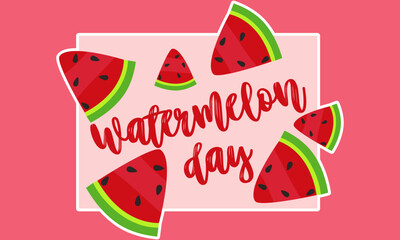 Watermelon Day, August 3. Background with congratulations for the American holiday. Cartoon large and small watermelon slices on a pink. Vector illustration for poster, sticker, banner, postcard