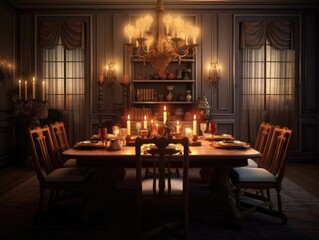 A modern dining room for vintage dining rooms and dining sets, in the style of dark and candlelight. Generative AI