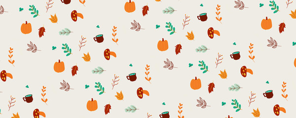 seamless autumn background image consisting of pumpkin, coffee tea cup, maple leaf, small leaf,pastel fall season background.