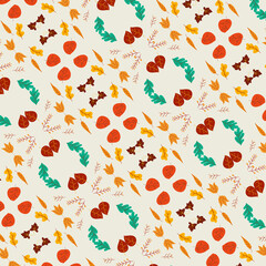 Autumn seamless background fully with leaves of autumn season and branches and colorful bloom. Pastel circle seamless maples leave backdrop.