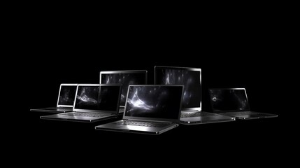 Collection of laptops with empty screens, Generative AI.