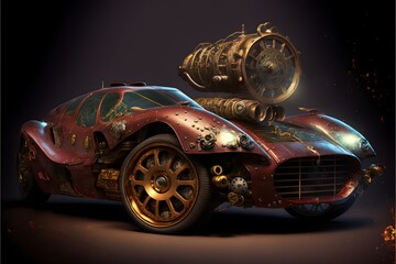 a steampunk ferrari with a lot of gears and symbols rendered in high quality with high resolution textures light effects lens effects and smoke 