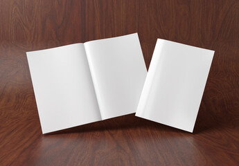 White blank A4 magazine Mockup isolated on wood 3D rendering