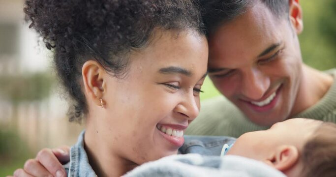 Baby, parents and caress head with love, care and affection together in nature. Happy, newborn and mother and father with gentle touch for bonding, family and enjoying quality time with kid outdoor.