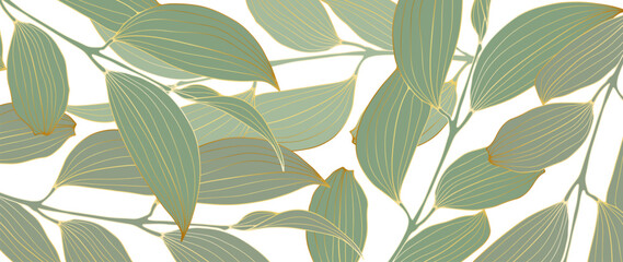 Botanical background with green branches and leaves and a golden outline on a white background. Green luxury background for decor, wallpapers, covers, cards and presentations