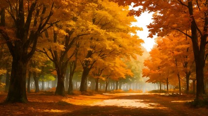 木々が紅葉する森林と道の風景イラスト　generative ai - obrazy, fototapety, plakaty