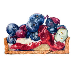Watercolor blueberry tart with transparent background 