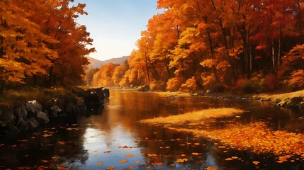  木々が紅葉する森林と川の風景イラスト　generative ai