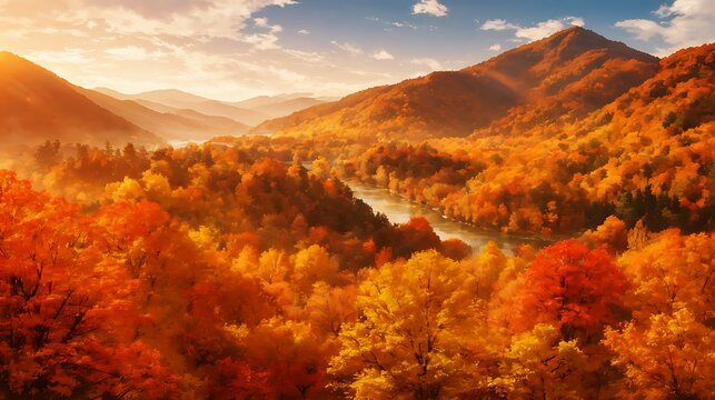 木々が紅葉する山と川の風景イラスト　generative ai