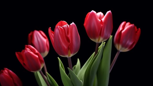 Group of red beautiful tulips isolated on a transparent background. Shallow depth of field, Generative AI.