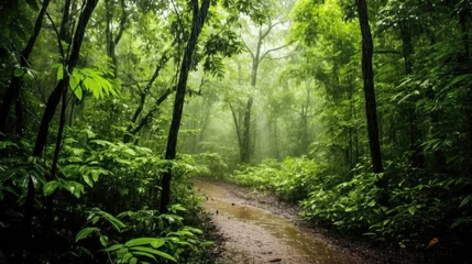 Fototapete Straße im Wald atmosphere of rain falling in a tropical forest