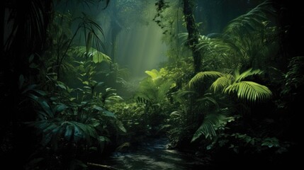 Fototapeta na wymiar a jungle at night, depicting a tropical scene