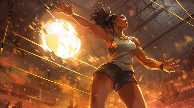 artwork in a fantasy style, featuring a volleyball player