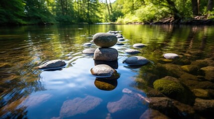 zen stones placed on the calm river