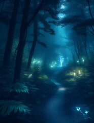 mystical forest where bioluminescent plants illuminate the darkness