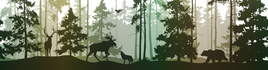 Seamless horizontal background with pine forest and animals: deer, bear, wolf, elk, owl . Animals are separate from the background, you can move and delete them.	
