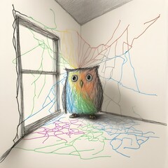 an owl in a spiderweb in the corner of a room crayon drawing poorly drawn scribble simple white background colorful 