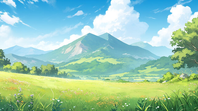 landscape countryside cartoon scene background. green field with dirt path and mountain background. generative AI