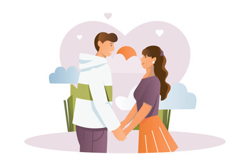 Valentines day concept with people scene in the flat cartoon design. Two lovers cannot take their eyes off each other. Vector illustration.