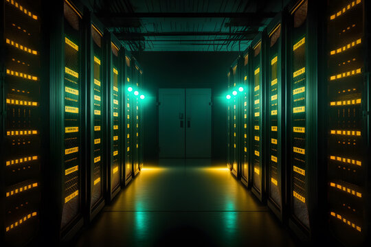 Long rows of server racks in a large data cente